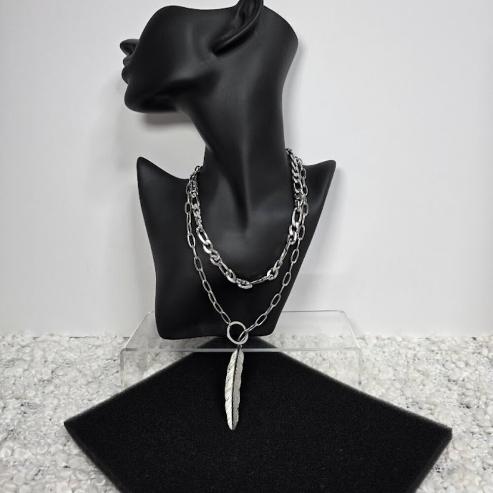 Water Resistant Mixed Chain Feather Lariat Layered Necklace